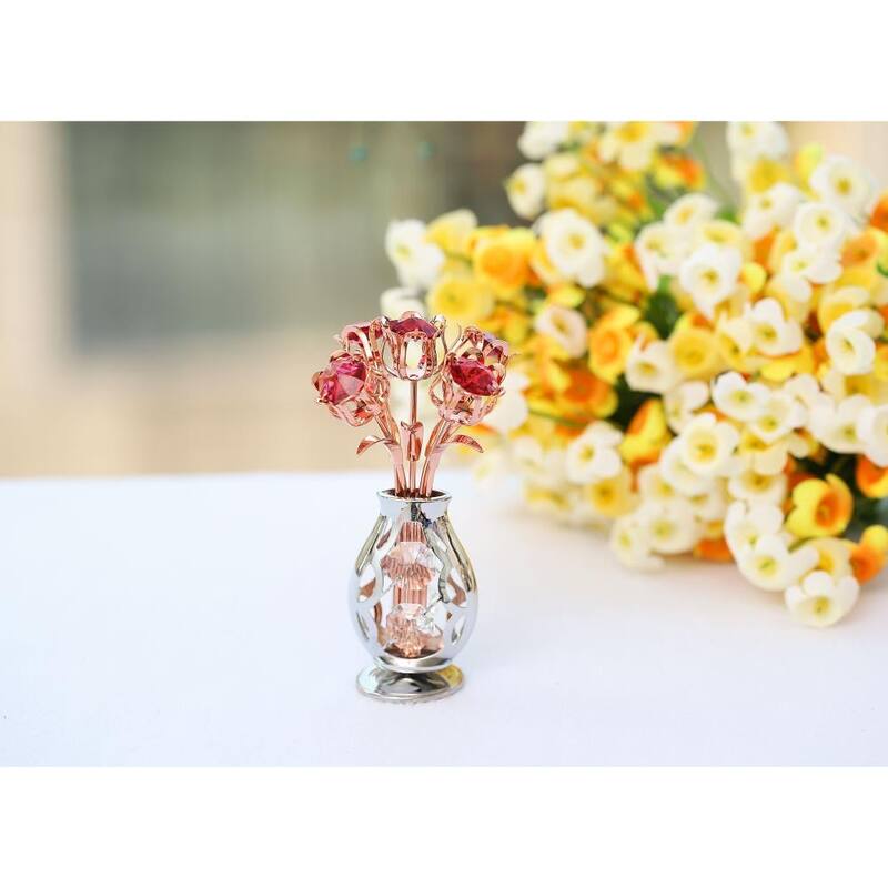 Matashi Rose Gold and Chrome Plated Flowers Bouquet and Vase w/ Red & Clear Matashi Crystals | Table Top Decorations
