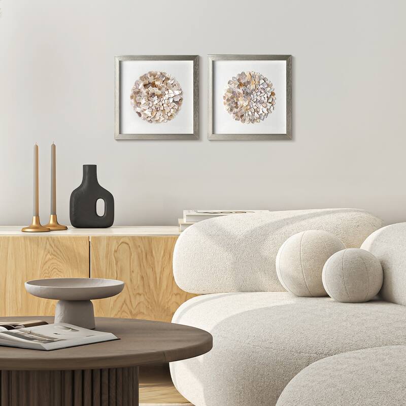 American Art Decor Neutral Seashell Mosaic 3D Textured Wall Art with Champagne Frame, 2 Piece Set for Coastal Beach Theme Decor