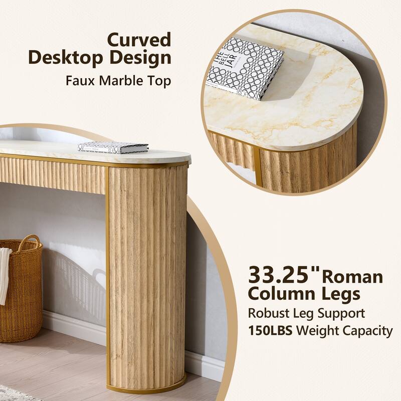 Modern 63" Fluted Console Table, Faux Marble Texture Top, Entry Table