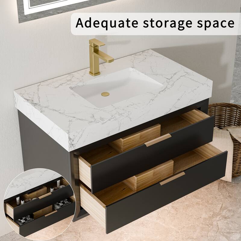 Modland 36" Wall-Mount Vanity with LED Light & 2 Soft-Close Drawers - Solid Oak, Black,White,Blue,Green - 36 inch