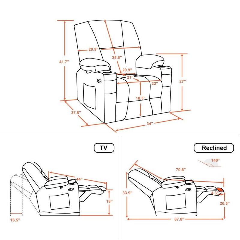 Mcombo Electric Power Recliner with Massage & Heat, Extended Footrest, 2 USB Ports, Side Pockets, Cup Holders, Faux Leather 8015