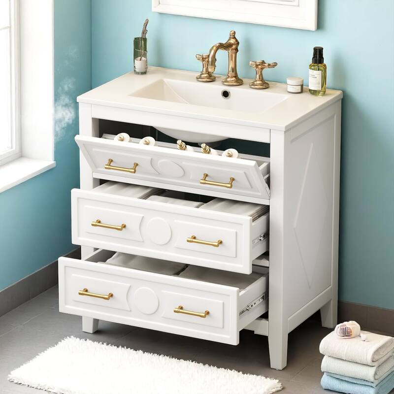 30" Bathroom Vanity with Ceramic Sink, 3 Drawers, Solid Wood Frame,Retro Cabinet, Pre-Drilled for 4" Faucet, Storage Organizer