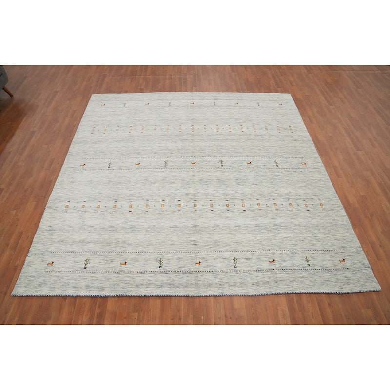 Hand Knotted Oriental 100% Wool Carpet Tribal Animal Pictorial Beige & Ivories Gabbeh Area Rug - 9' 11'' X 9' 10''