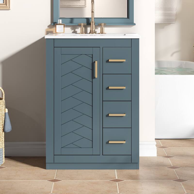 24" Freestanding Bathroom Cabinet with Integrated White Ceramic Sink - 24.1'' x 18.3'' x 33.7''