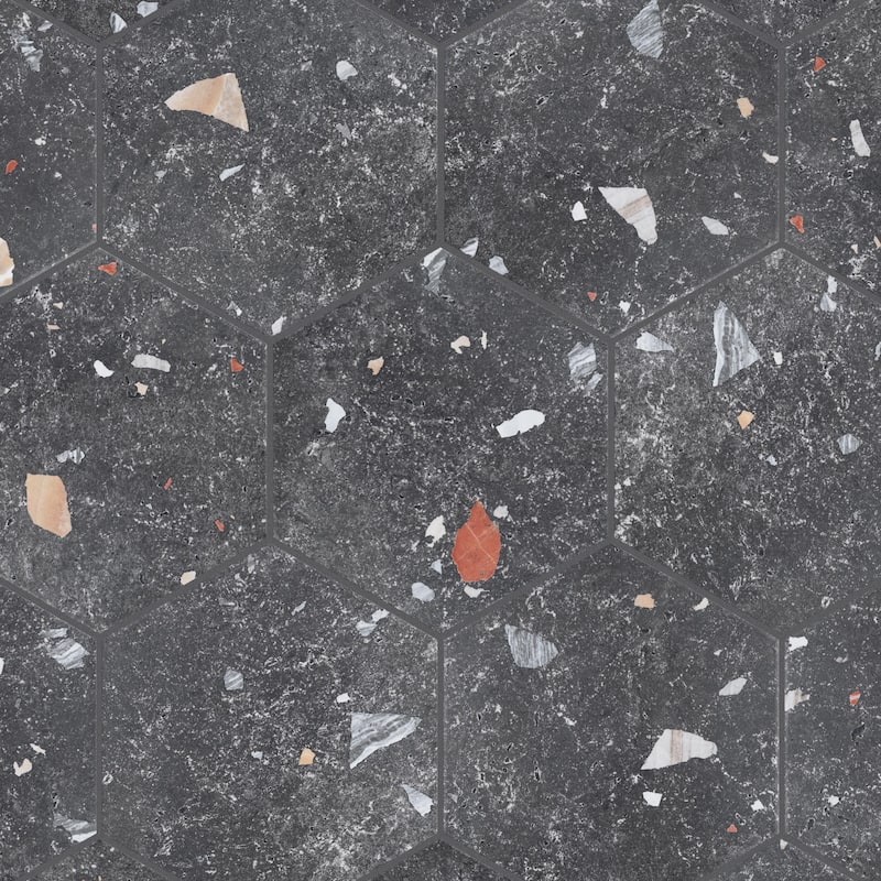 SomerTile Sonar Hex Black 8-5/8" x 9-7/8" Porcelain Floor and Wall Tile