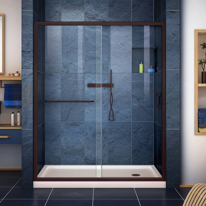 DreamLine Infinity-Z 36 in. D x 60 in. W x 74 3/4 in. H Sliding Shower Door and Shower Base Kit - 36" x 60" - 36" x 60" - Oil Bronze, Biscuit Base, Right Drain