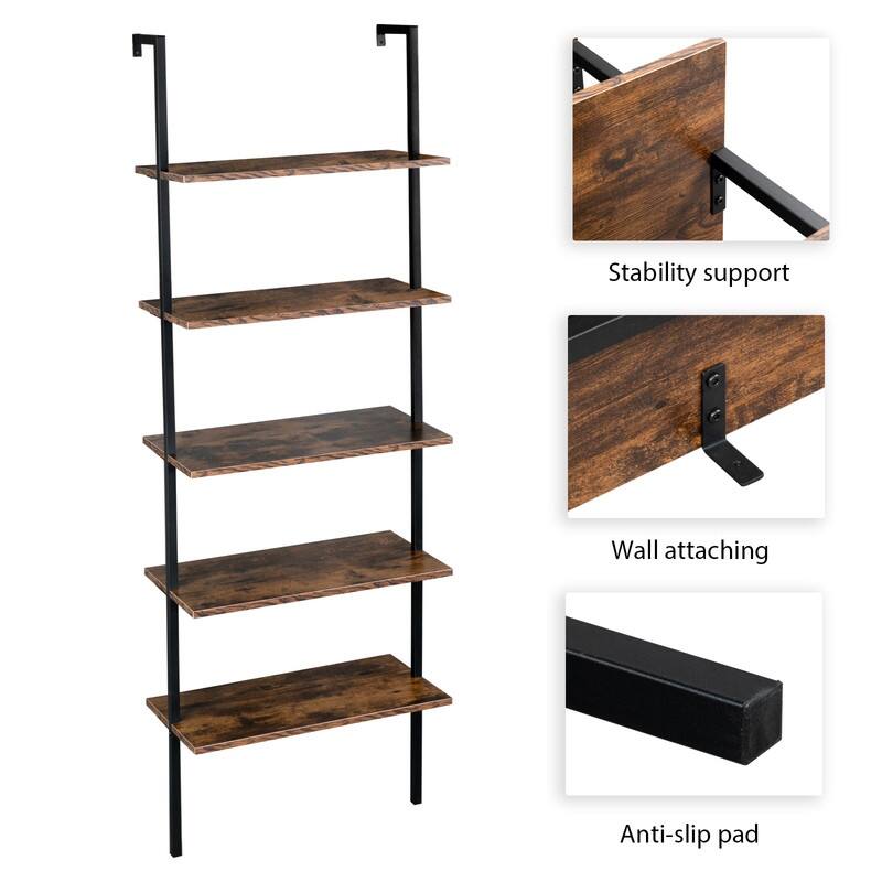 Wall Mounted Bookcase 5-Tier Open Ladder Shelf Bookshelf