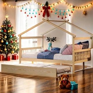 Full Size Wooden House Bed Platform Bed with Twin Size Trundle and Solid Construction