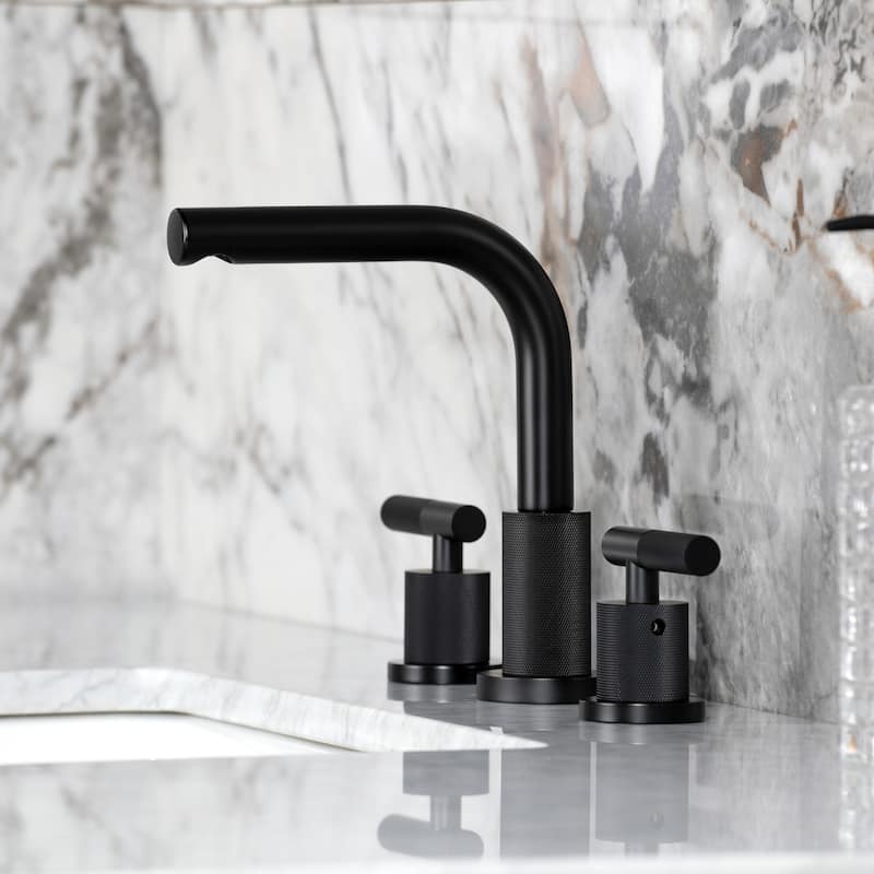 Kingston Brass Convergent Two-Handle 3-Hole Deck Mount Widespread Bathroom Faucet with Knurled Handle and Brass Pop-Up Drain