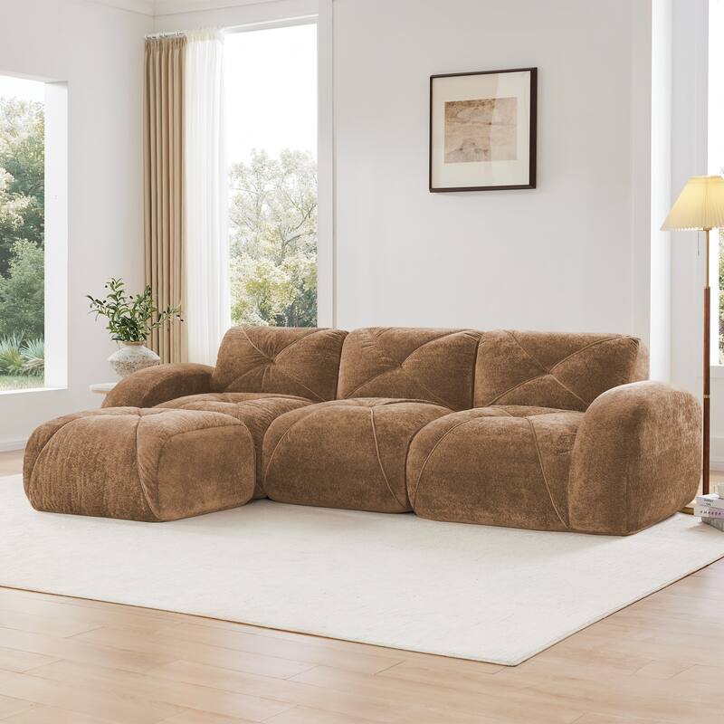 Rossetta 110'' 3-Seater L-Shaped Anti-Slip Design Retro Classic Color Velvet Tufted Modular Boneless Sofa with 1 Movable Ottoman