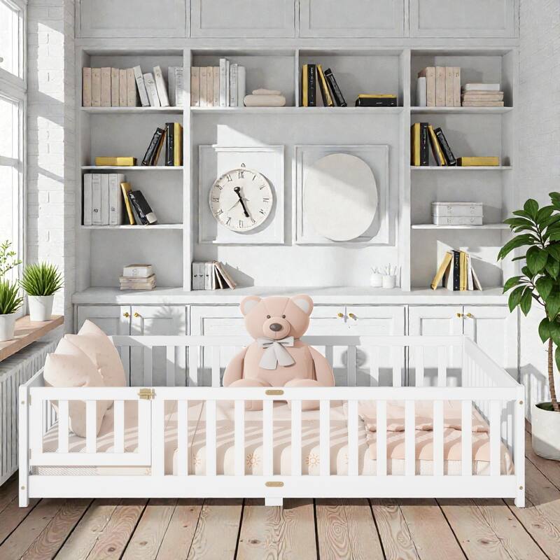 Floor Bed with Fence, Solid Rubber Wood Montessori Floor Bed with Safety Guardrails - White - Full
