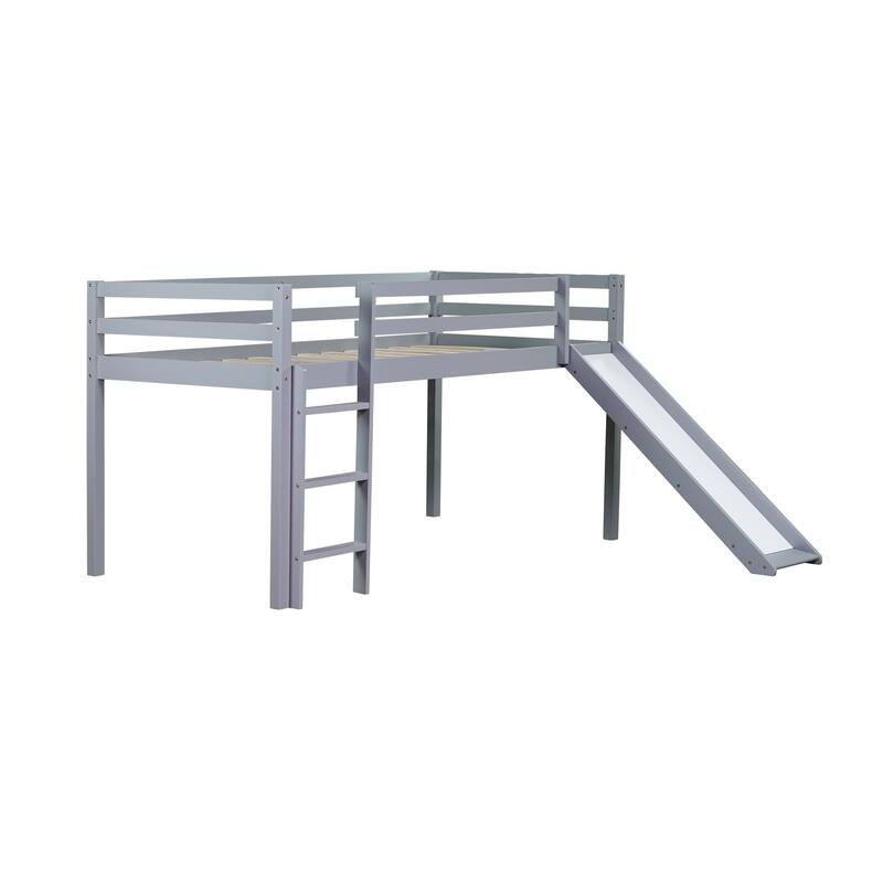 Twin Low Loft Bed with Slide, Ladder, and Storage Space, Rubber Wood Construction with High Guardrails for Safety