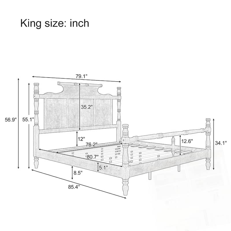 Vintage Country Style Wood Four Poster Platform Bed with High Crown-like Headboard