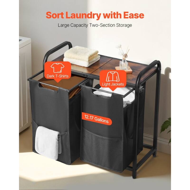Black 24-Gallon Laundry Sorter with 2 Compartments and Metal Frame Removable Bags - 26.30 x 12.99 x 27.95 in