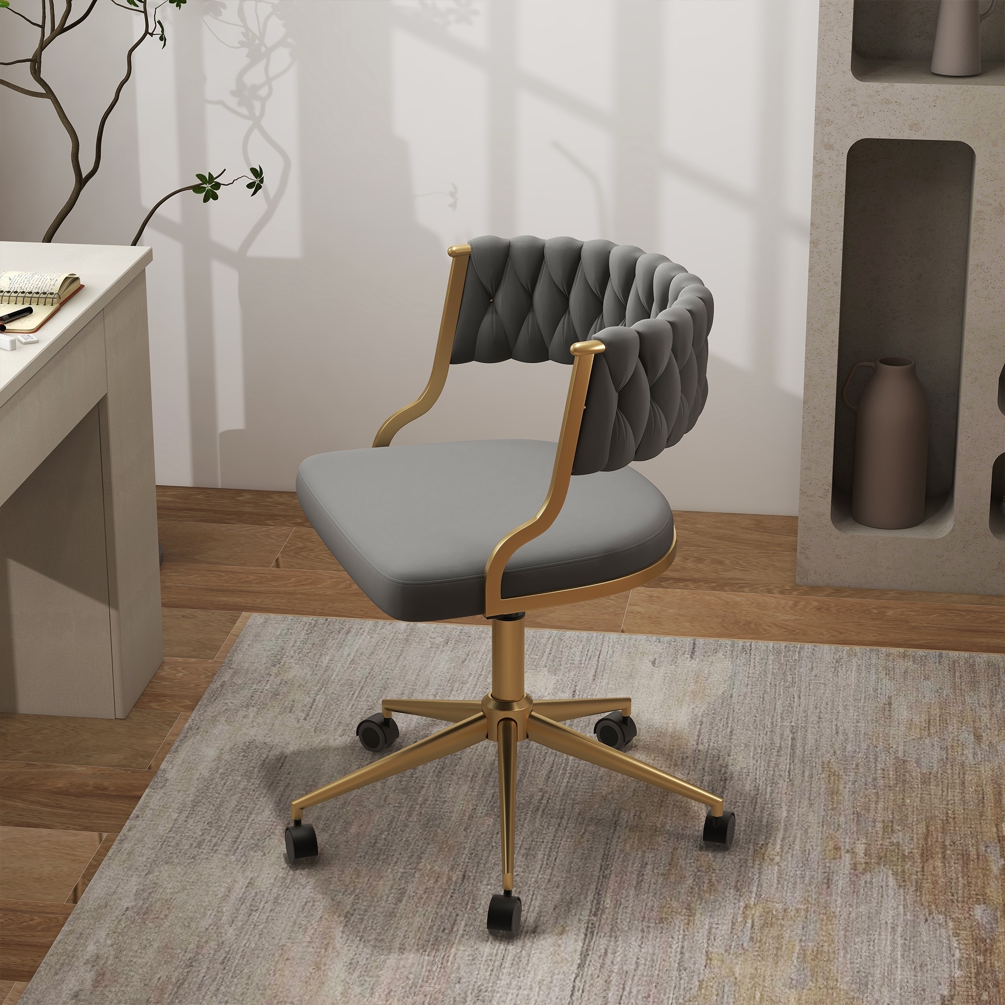 Velvet Home Desk Chair Office Swivel Chair with Wheels and Gold