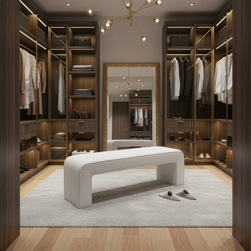 Benicia White Boucle Upholstered Fabric Tufted Bench