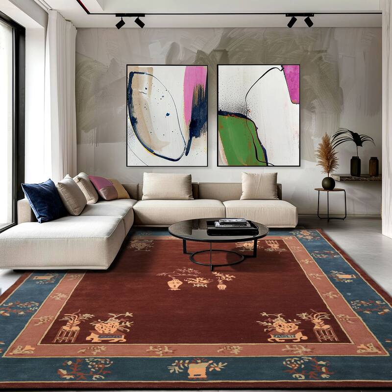 Hand Tufted LoomBloom Brown Oriental Area Rug Multi Sizes Featuring Vase Transitional Chinese Art Deco in New Zealand Wool
