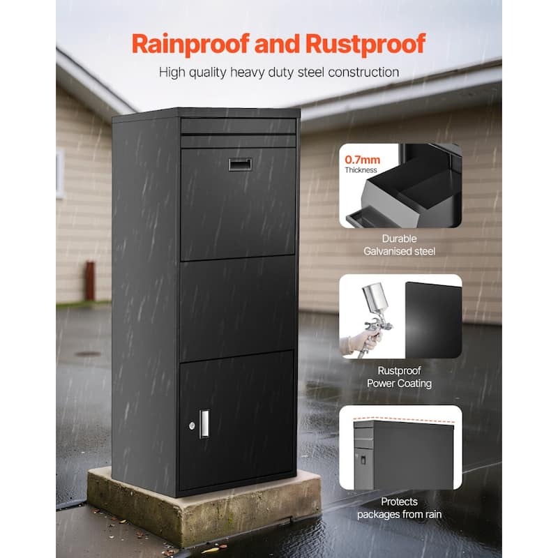 Black Galvanized Steel Parcel Delivery Box with Anti-Theft Plate and Weatherproof Design - 19.7 x 14.2 x 47.2 in