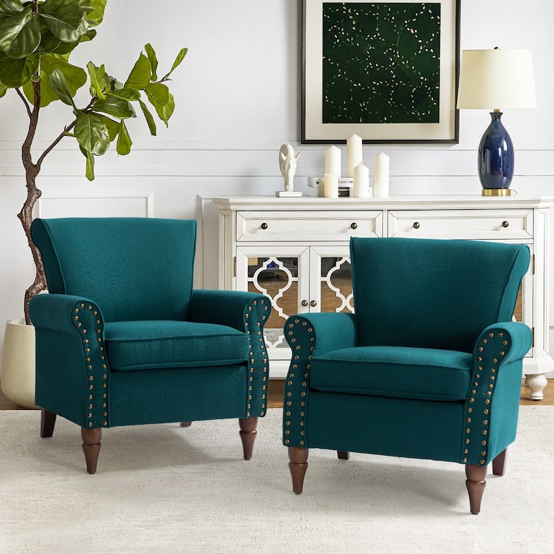 Nyctelius Upholstered Comfy Accent chair with Turned Wooden Legs and Nailhead Trim Set of 2 by HULALA HOME