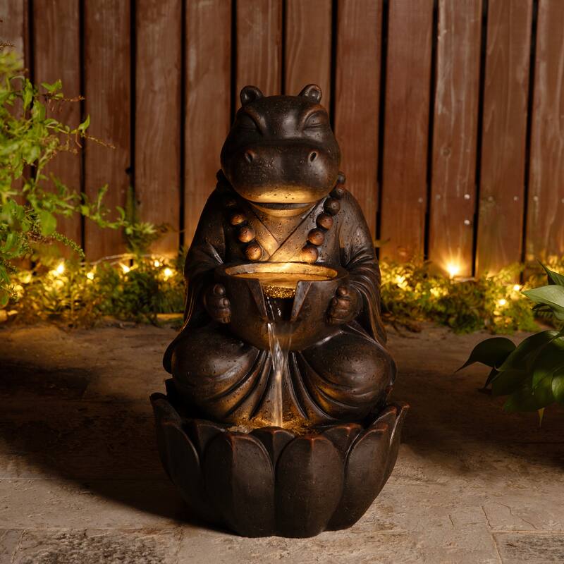 Glitzhome 21.75"H 2-Tiered Lighted Zen Style Frog Elephant Hippo Polyresin Outdoor Fountains