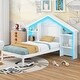 preview thumbnail 2 of 9, Twin Platform Bed with House-Shaped Storage Headboard&Built-in LED, Wood Bed Frame for Boys Girls, No Box Spring Required, White