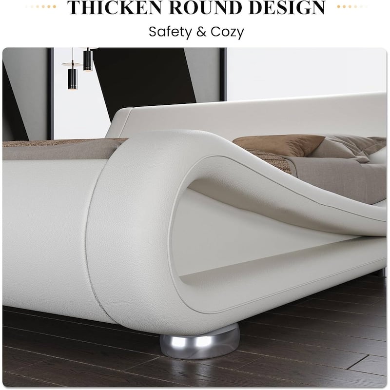 Upholstered White Platform Bed Frame with Curved Headboard and PU Leather