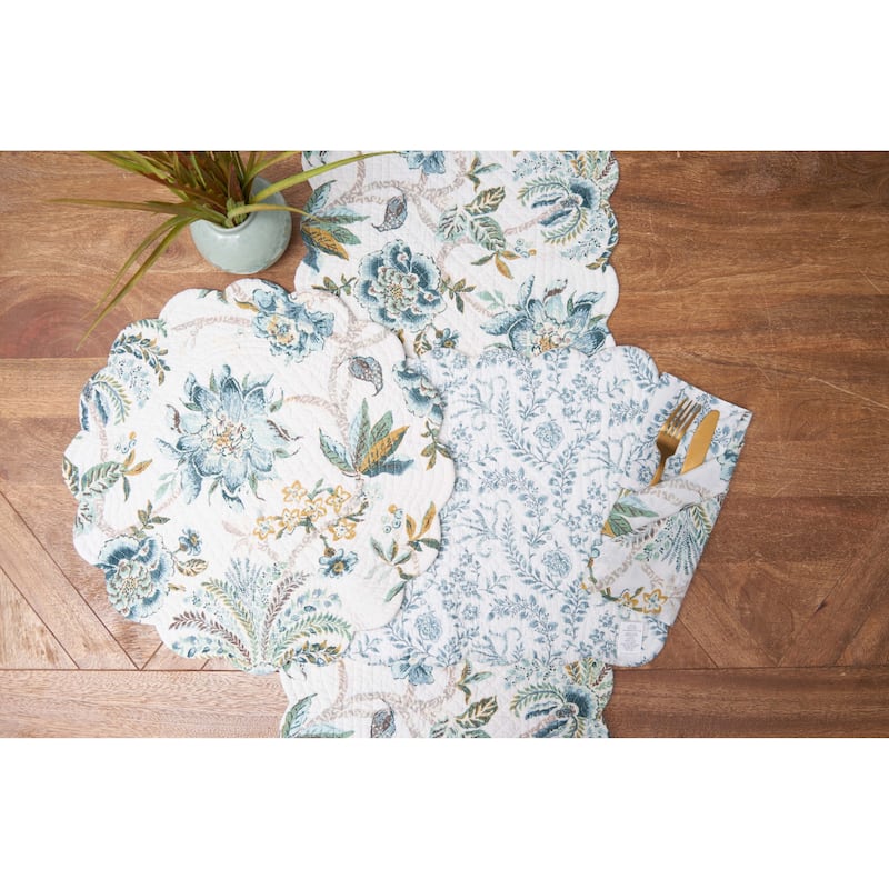 Braganza Teal Vintage Floral Flower Design Placemats Set of 6, 13" x 19"