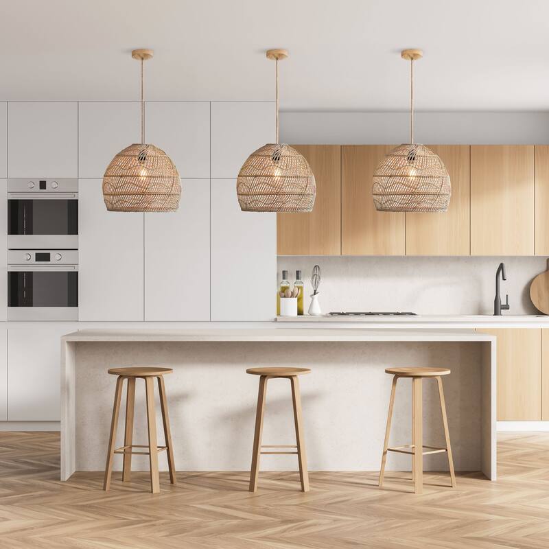 Santana Rattan Pendant Light - Natural Dome 1-Light Handwoven Light Fixture For Modern, Contemporary, Farmhouse Room Decor