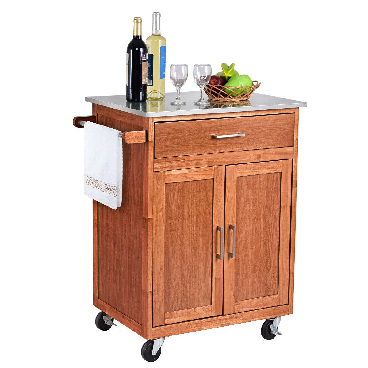 Shop Costway Wood Kitchen Trolley Cart Stainless Steel Top Rolling