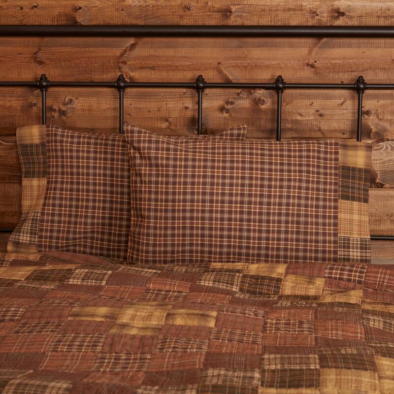Brown Rustic Bedding VHC Prescott Block Border Pillow Case Set of 2 Cotton Plaid Patchwork