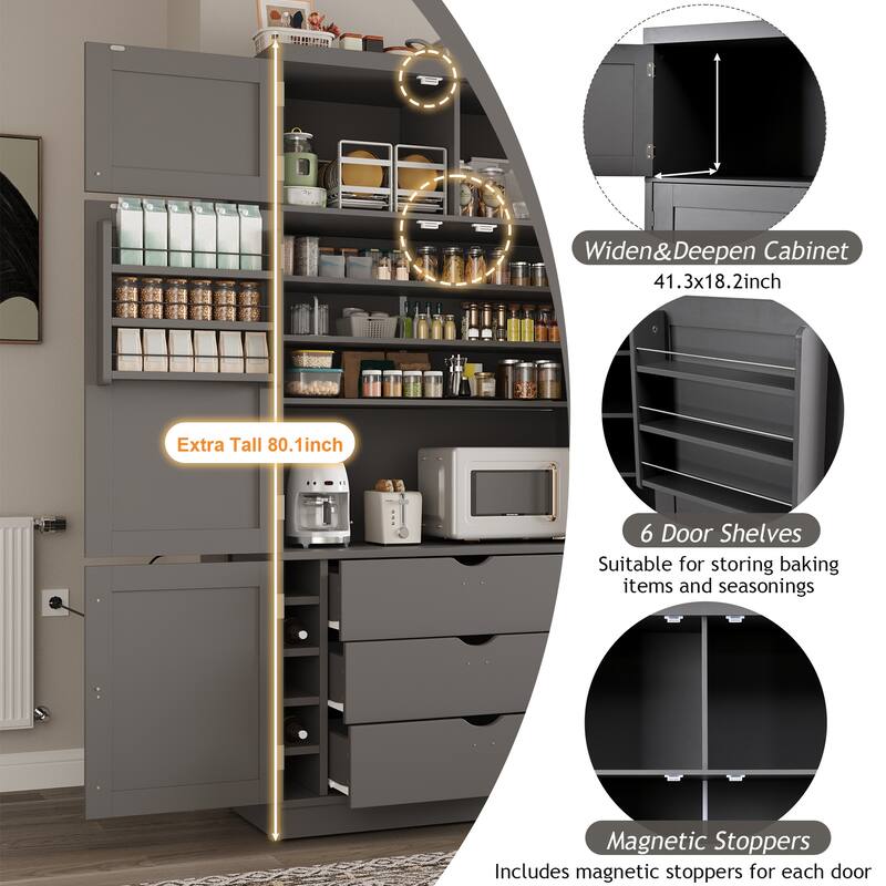 80.1" Tall Freestanding Kitchen Pantry, Shaker Style Cabinet with 2 Power Outlets, Adjustable & Door Shelves