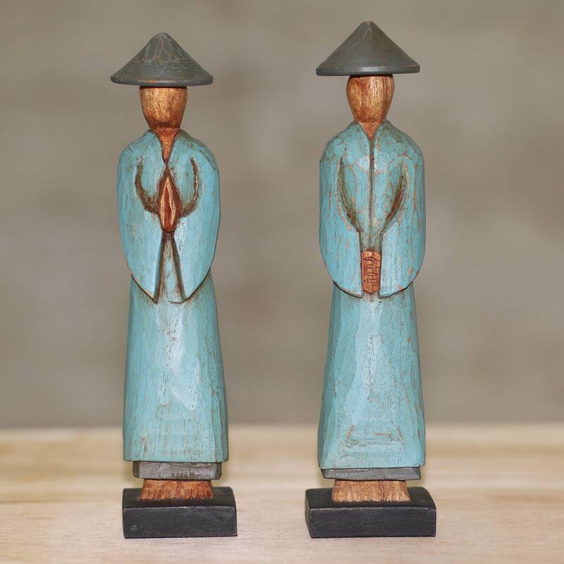 Wood sculptures, 'Farmer Greetings' (pair)