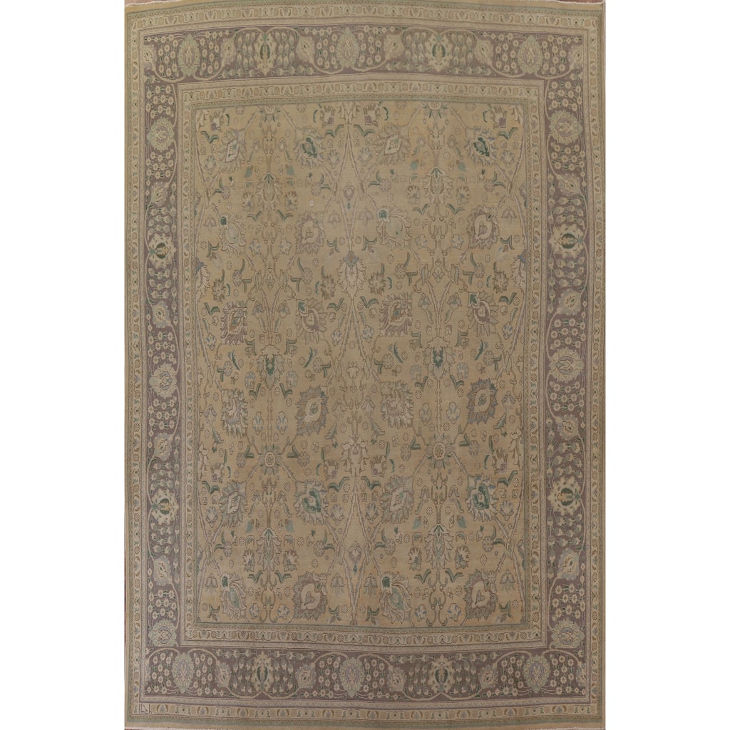 Vintage Floral Distressed Tabriz Persian Wool Area Rug Hand-knotted - 9'5" x 12'9"