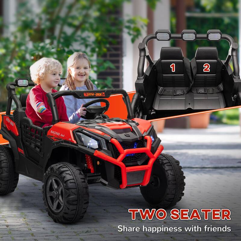 24V Kids Ride-On Car with Parent Remote Control, Red Battery Powered Electric Car Off-Road Toy Car with Safety Belts