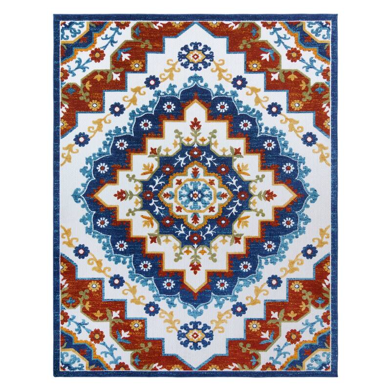 Gertmenian Fosel Arasi Ivory Blue Bohemian Mandala High-Low Indoor/ Outdoor Area Rug