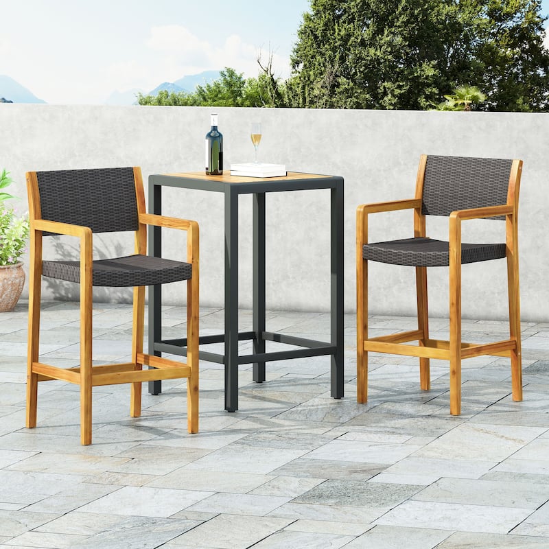 Roomfitters 2-Piece Outdoor Wood Bar Stools, Woven Wicker Patio High Dining Chairs with Armrests and Footrest, Black