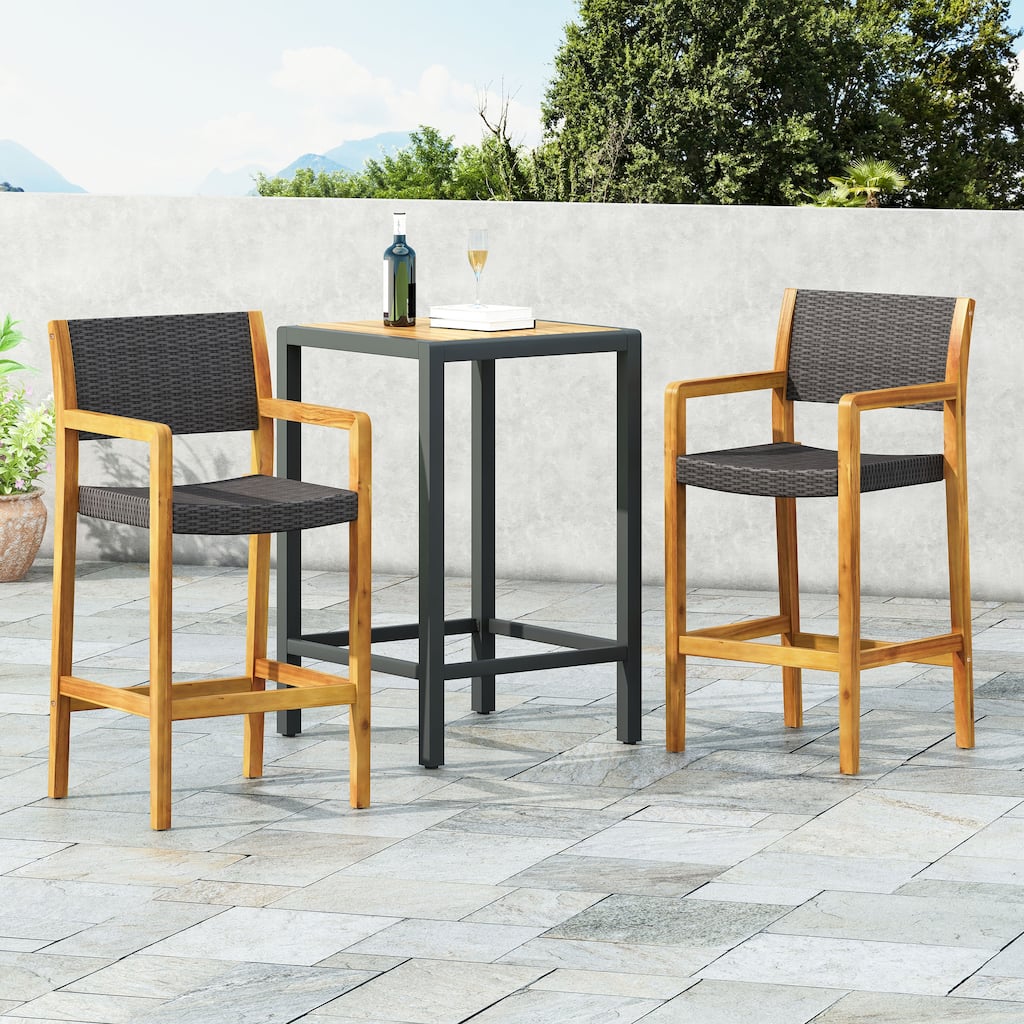 Roomfitters 2-Piece Outdoor Wood Bar Stools, Woven Wicker Patio High Dining Chairs with Armrests and Footrest, Black