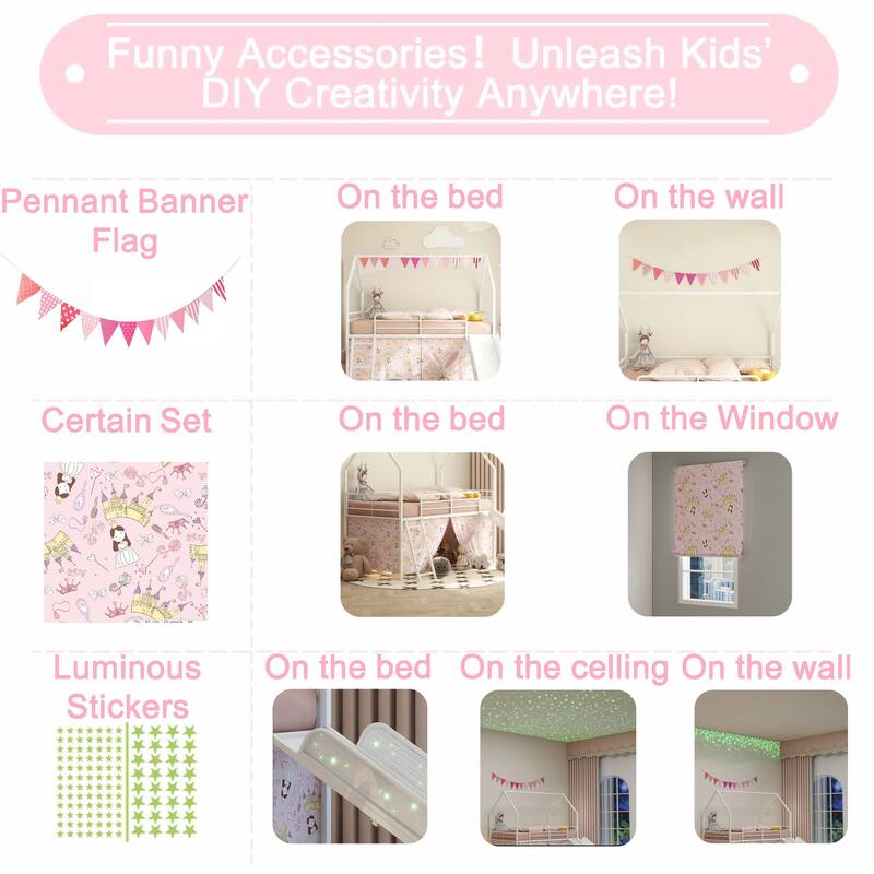 Metal Junior House Twin Loft Bed with Slide and Curtain Set and Pennant Banner Flag and Star Stickers
