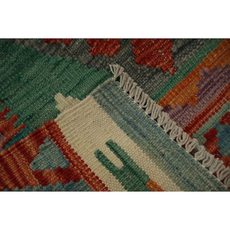 Hand Woven Oriental 100% Wool Carpet Southwestern Tribal Green Kilim Area Rug - 4' 9'' X 3' 6''