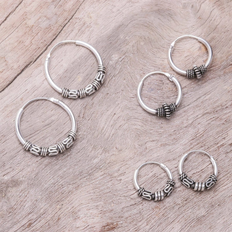 NOVICA Thai Intricacy, Sterling silver hoop earrings (set of 3) - 0.6*0.6