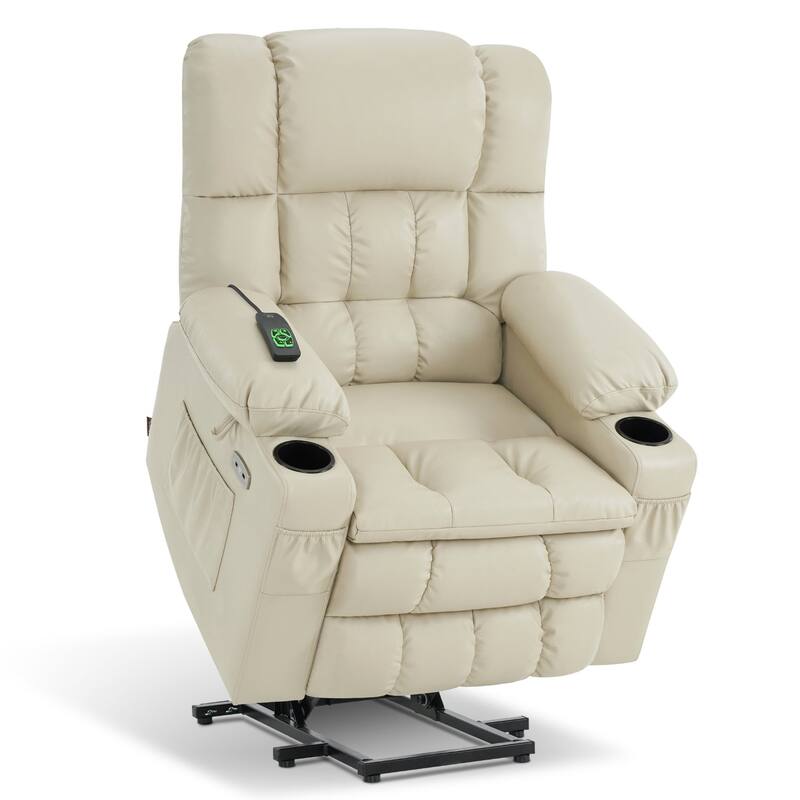 MCombo Medium Dual Motor Power Lift Recliner Chair Infinite Position, Massage and Heat, Extended Footrest, Faux Leather 7890 - Cream White