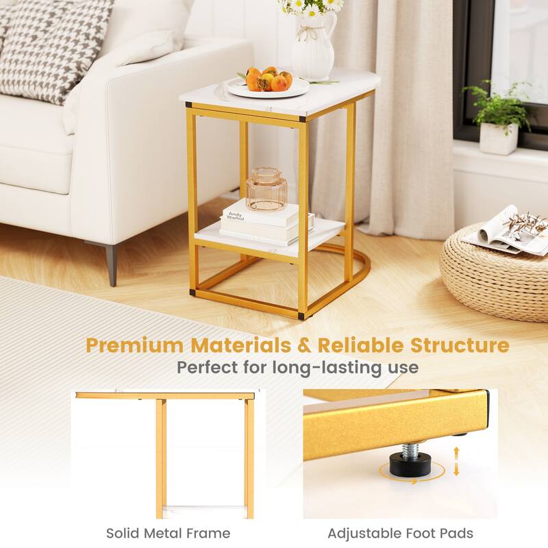 Gymax C-Shaped Side Table Compact 2-tier Storage End Table for Small