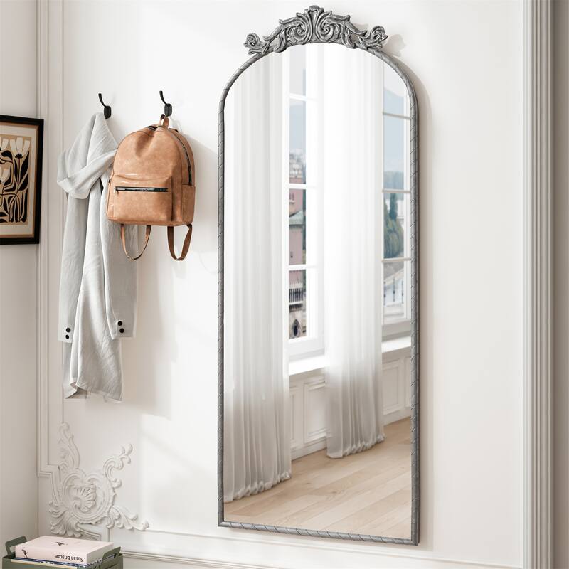 58"x24"Arched Hanging Wall Mounted Mirror with Metal Frame and Hooks - Antique Silver