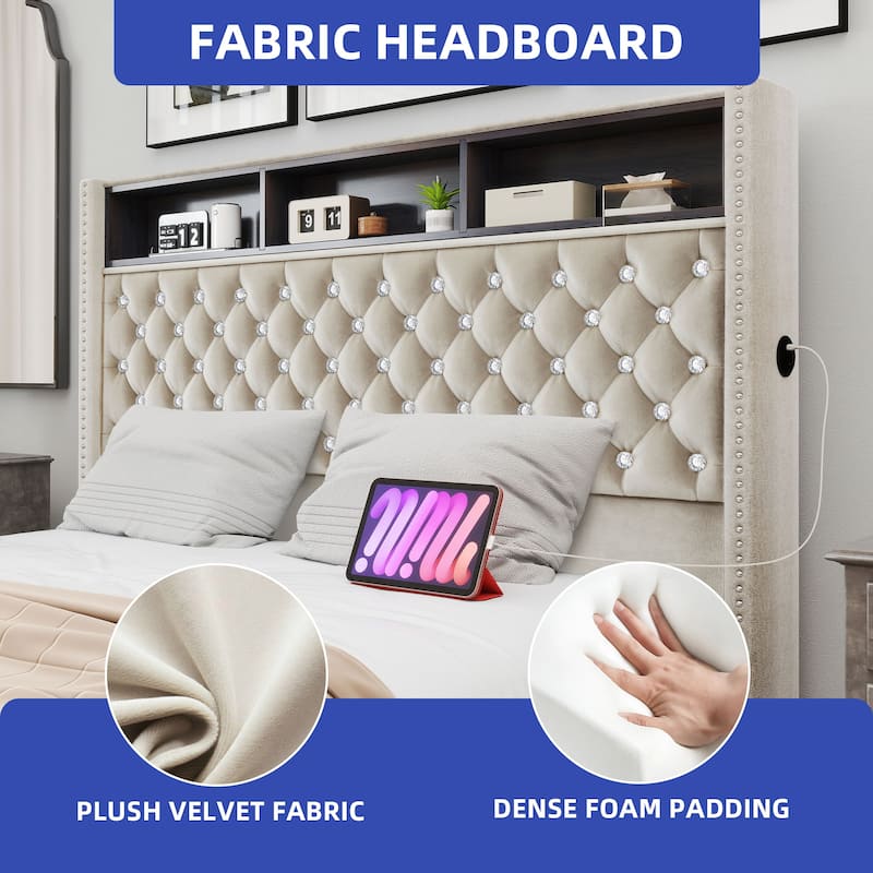 58" Tall Wingback Storage Headboard Bed Frame with USB Charging Stations and Deep Button Tufted