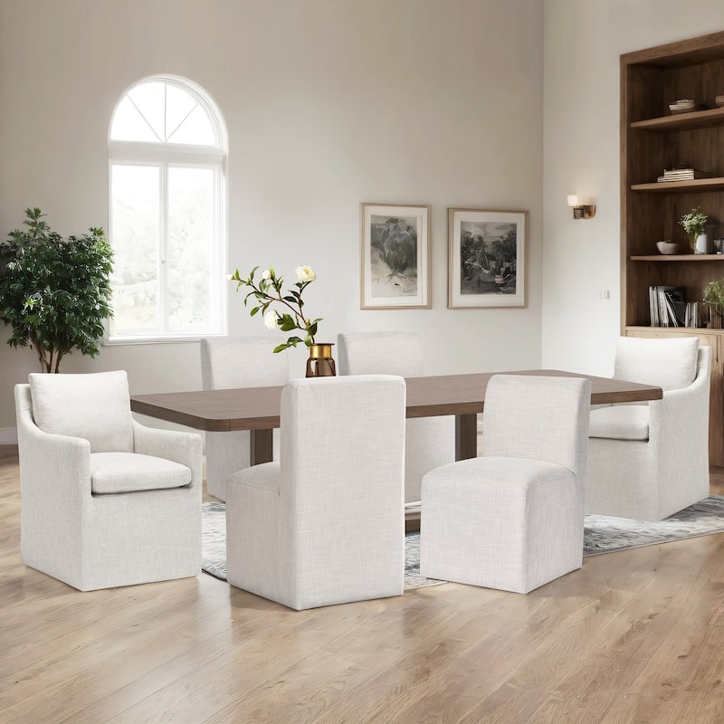Modern 19" Seat Wide Upholstered Rolling Dining Chairs with Casters - Set of 6 - Cream