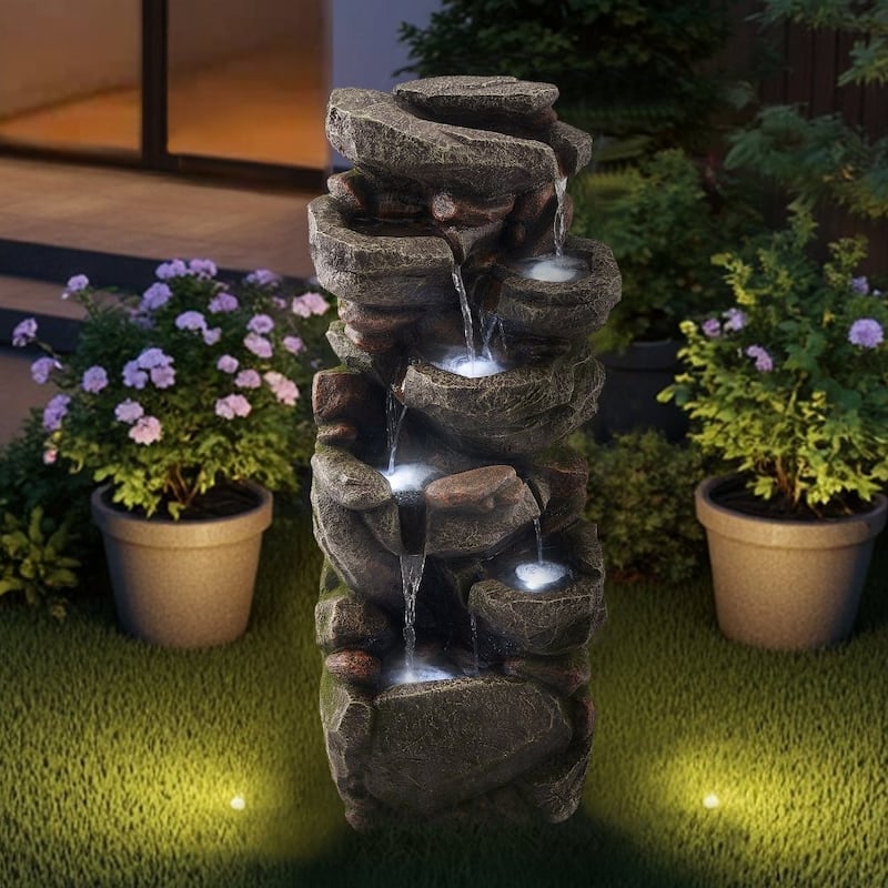 7-Tier Rock Style Yard Fountain with Soothing Water Sounds and LED Lights for Patio Decor - 14.96 x 11.42 x 38.98 in