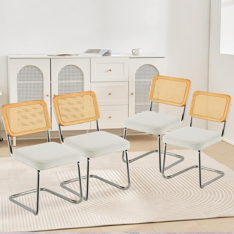 Rattan Dining Chairs Set of 4, Mid Century Modern Dining Chair, Upholstered Velvet Accent Chair with Rattan Back, Retro Dining