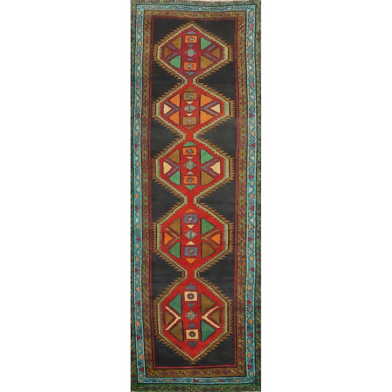 Hand Knotted Oriental 100% Wool Carpet Traditional Geometric Greys & Charcoal Ardebil Runner Rug - 12' 2'' X 3' 4''