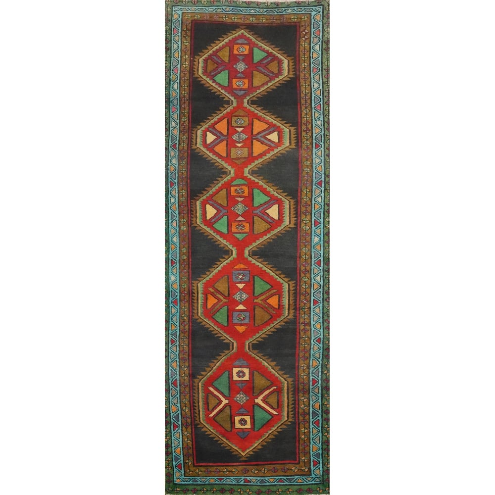 Hand Knotted Oriental 100% Wool Carpet Traditional Geometric Greys & Charcoal Ardebil Runner Rug - 12' 2'' X 3' 4''