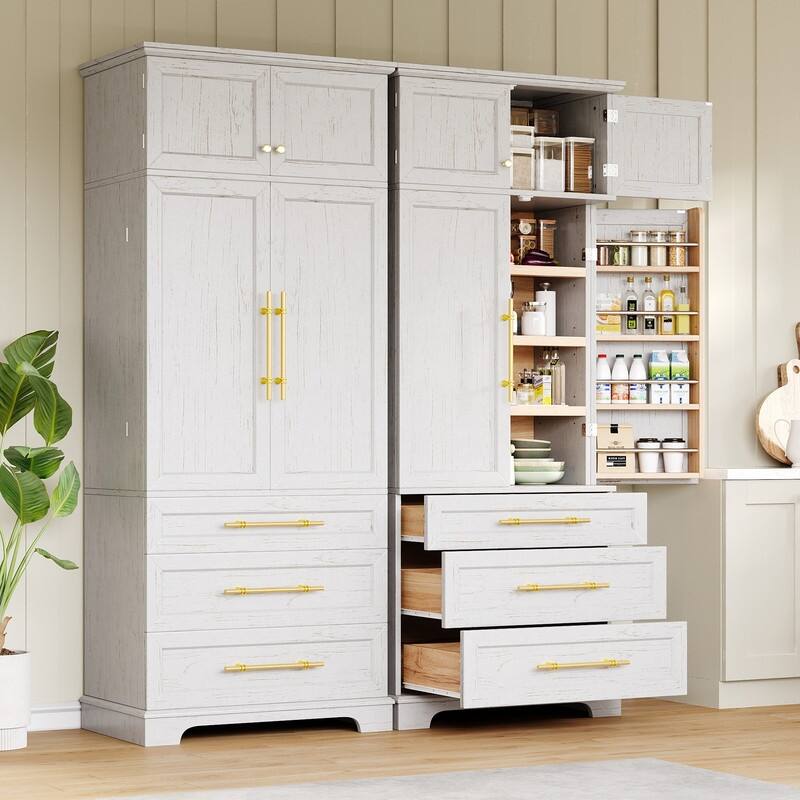 Farmhouse 78.2" Kitchen Pantry Cabinet with 4 Doors, 3 Adjustable Shelves and 3 Drawers